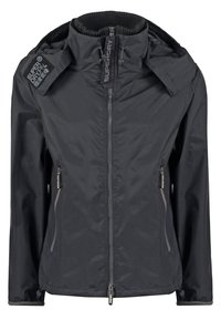 Czarna lekka kurtka z wysokim kołnierzem, zamkiem błyskawicznym z przodu oraz dwoma zamykanymi kieszeniami po bokach. Posiada branding na ramieniu oraz teksturowaną tkaninę.