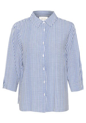Blue and white striped button-up shirt, made of lightweight fabric, with a collar and three-quarter sleeves, featuring vertical stripes.