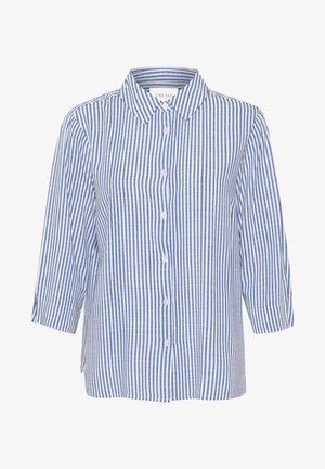 Blauw-wit gestreepte blouse met knopen, gemaakt van lichte stof, met een kraag en driekwartmouwen, met verticale strepen.