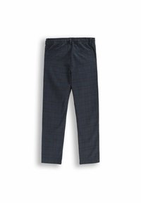 Ciemnoniebieskie spodnie z wzorem w kratę, z elastycznym pasem i dopasowanym krojem. Materiał wydaje się być tkany, o gładkiej fakturze.
