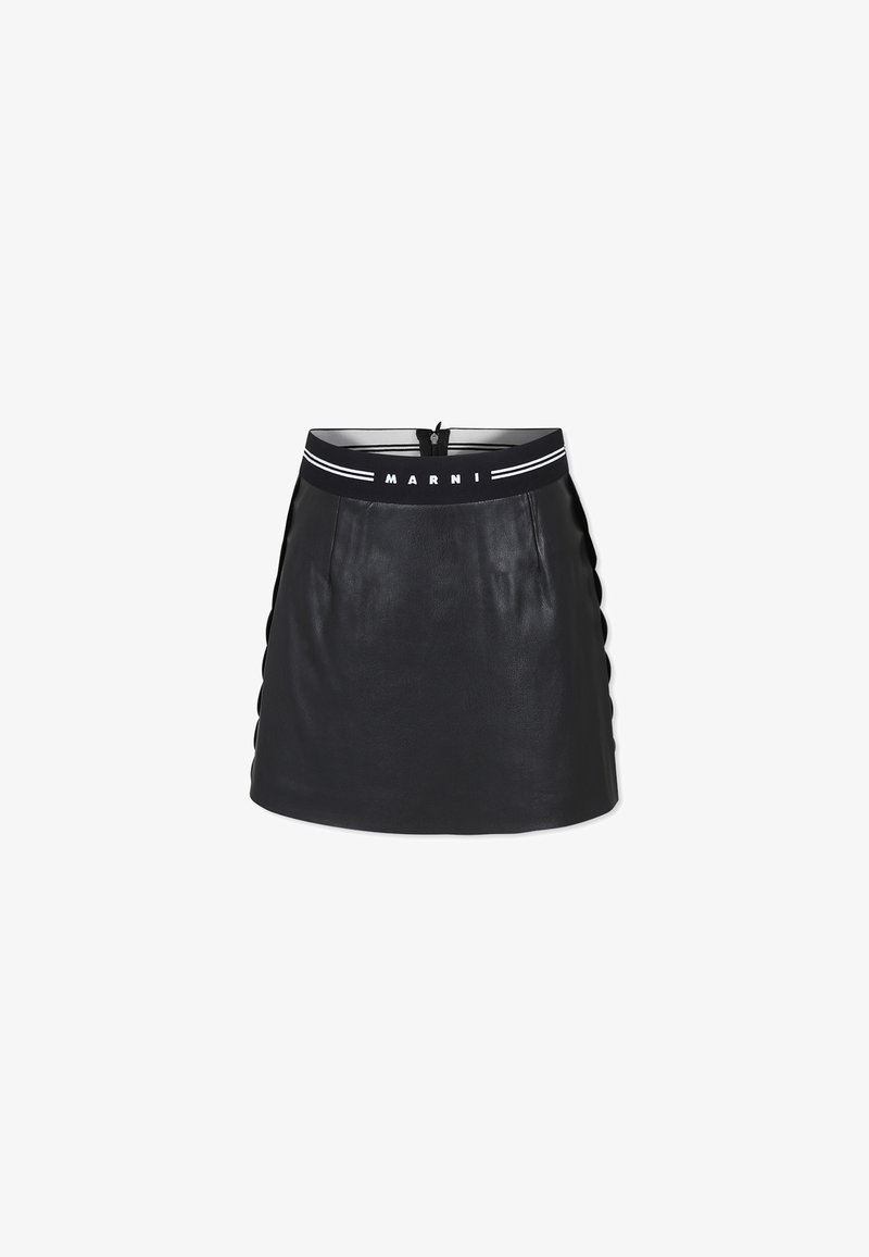 Jupe mini en cuir noir avec une silhouette ajustée, dotée d'une taille côtelée avec un texte logo et des détails texturés sur les côtés.