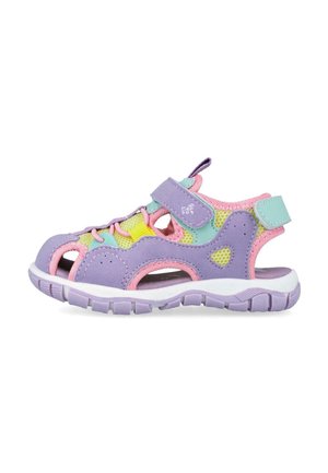 Sandalia exterior para niños con parte superior de malla y sintética en colores púrpura, rosa, amarillo y turquesa, correas ajustables y suela flexible con textura.