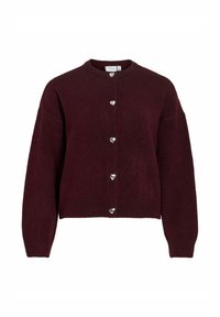 Bordeauxroter Strickcardigan mit rundem Ausschnitt, kastiger Passform und silbernen, herzförmigen Knöpfen vorne. Weiche Textur, lange Ärmel.