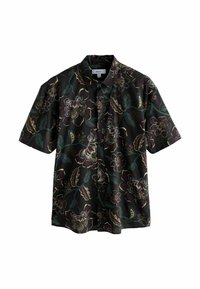 Short-sleeve shirt in black fabric featuring multicolored floral and leaf patterns, with a classic collar and button-down front.