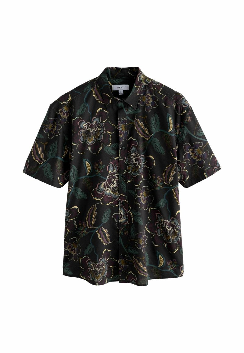 Short-sleeve shirt in black fabric featuring multicolored floral and leaf patterns, with a classic collar and button-down front.
