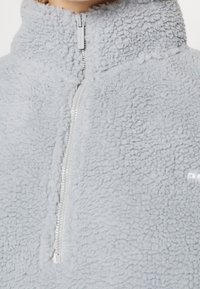 Fleece-Halbzip-Pullover in Hellgrau, mit weichem Textil, Stehkragen und vorderem Reißverschluss mit metallischen Akzenten.