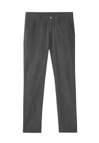 Pantalon gris foncé à coupe droite avec fermeture par bouton et zip, passants de ceinture et poches latérales.