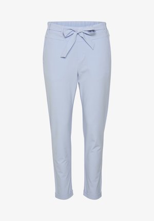 Lichtblauwe slim-fit broek met omgeslagen zoom en een gebonden stoffen riem in de hoge taille, voorzakken, geen zichtbare sluitingen.