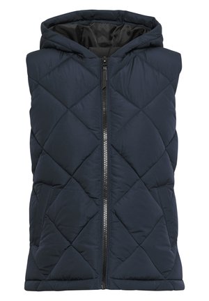 Přehozená námořnická vestu s kapucí, která má přední zip a dvě boční kapsy. Vyrobena z hladkého syntetického materiálu s matným povrchem.