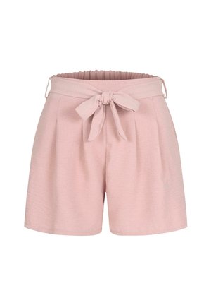Shorts rose clair en tissu doux, avec une taille élastique et un détail de nœud à l'avant. Tissu plat avec des plis, garantissant une coupe décontractée.