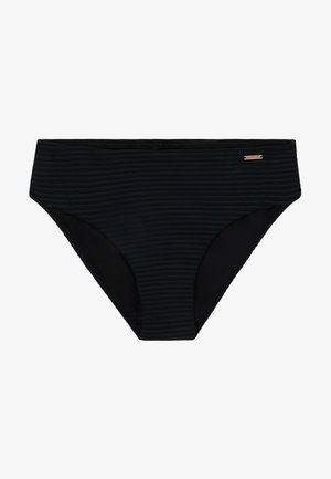 Schwarzer strukturierter Bikinihose mit dezentem horizontalem Streifenmuster und kleinem Metallmarkenetikett an der rechten Seite des Bunds.