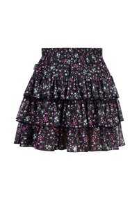 Gonna nera a strati con motivi floreali in rosa e blu, realizzata in materiale leggero con vita elastica e dettagli arricciati.
