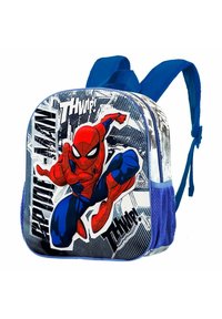 Mochila temática de Spiderman con un diseño azul, que presenta un gráfico de Spiderman, bolsillos laterales de malla y correas ajustables.