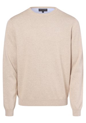 Jersey beige de manga larga con cuello redondo, puños y bajo acanalados, etiquetado Finishley & Harding, talla mediana.