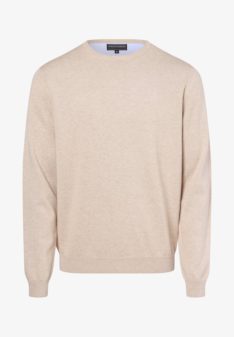 Pull beige à manches longues avec col rond, poignets et bas côtelés, étiquette Finishley & Harding, taille medium.