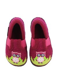 Filzslipper in Dunkelrosa mit einem lila Eulenmotiv, grünen Akzenten und elastischen Bändern für einfaches Anziehen. Gummisohlen für guten Halt.