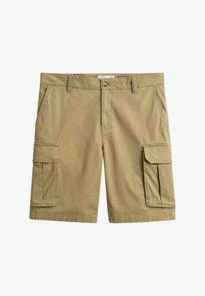 Beige Cargo-Shorts für Herren mit Gürtelschlaufen, vorderer Knopf- und Reißverschluss, Seitentaschen sowie Klapp-Cargotaschen an jedem Bein.