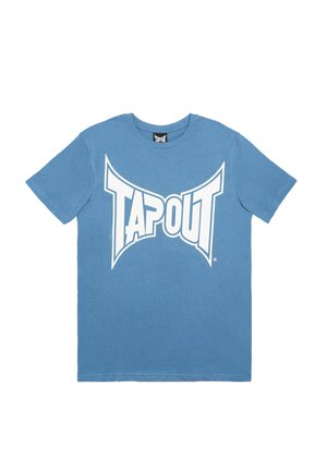 Mėlyna medvilninė marškinėlių su dideliu baltu "TAPOUT" logotipu, trumpomis rankovėmis, apvalia iškirpte ir lygiu paviršiumi.