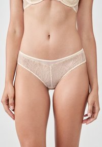 Sous-vêtements en dentelle beige avec des panneaux en tulle transparent et des motifs floraux brodés en or. Conception taille mi-haute avec une ceinture élastique lisse.