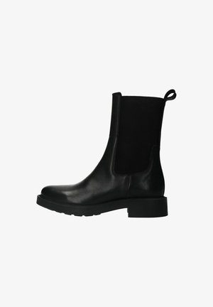 Zwarte enkellaarzen van leer met een ribbelstof zijpaneel. Heeft een trekband en een chunky zool voor stabiliteit.