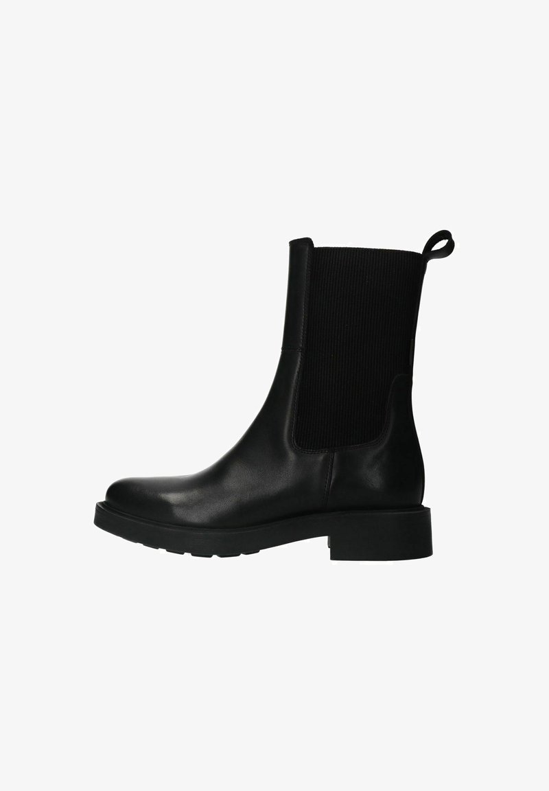 Bottines noires en cuir avec un côté en textile ribbé. Dotées d'une languette et d'une semelle épaisse pour plus de stabilité.