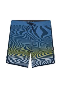 Shorts de bain pour hommes bleu et jaune avec un motif rayé ondulé, cordon de serrage noir, poche avant et logo sur le côté.