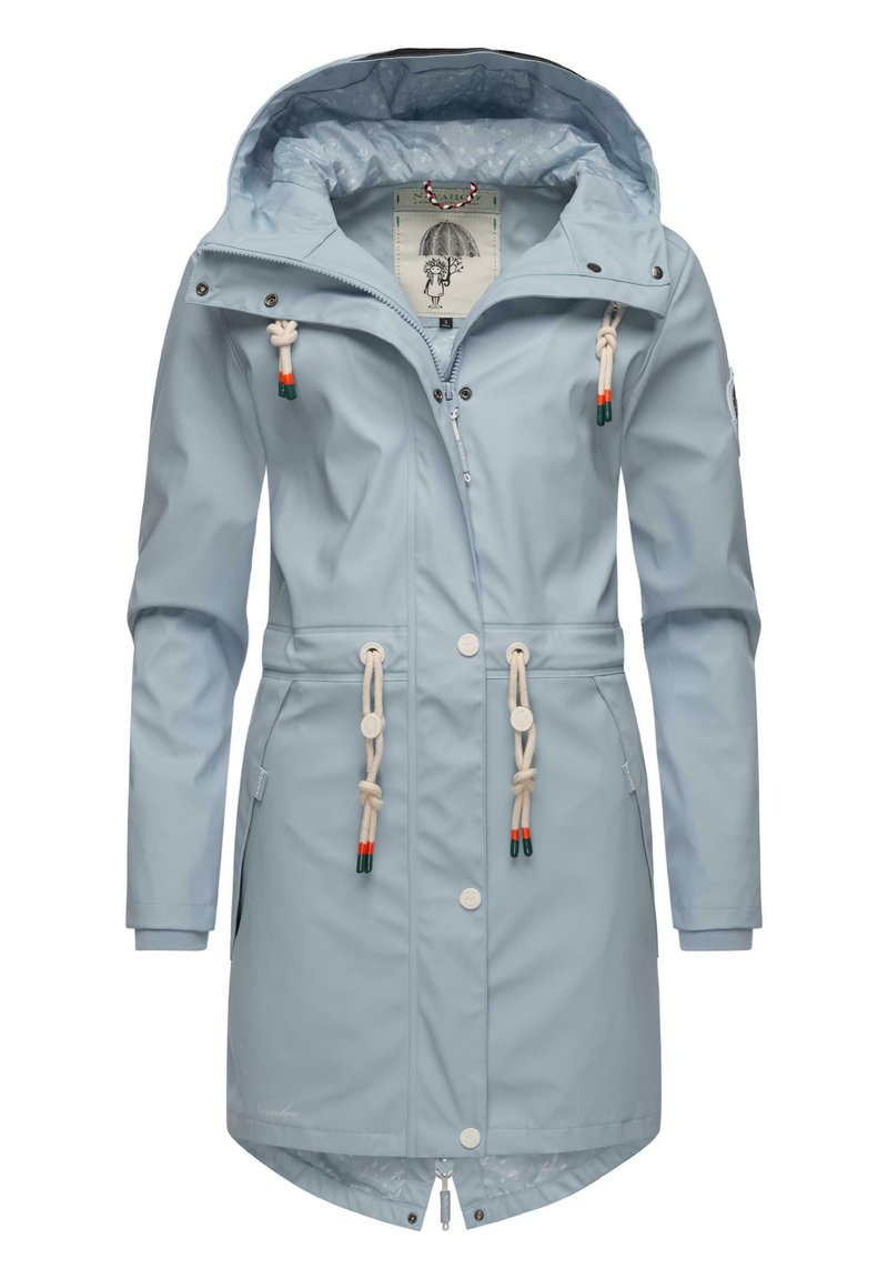 Light blue waterproof jacket with a hood, drawstring accents, snap buttons, and pockets. Smooth texture with a patterned inner lining.