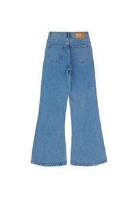Light blue denim flared pants with a high waist, two rear pockets, and a brown leather label at the back. Textured fabric with visible seams.