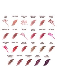 Lippenstift-Liner-Farben auf einem weißen Hintergrund, die verschiedene Farbtöne von Nude bis zu tiefem Rot zeigen. Jede Farbmuster ist mit dem Produktnamen beschriftet.