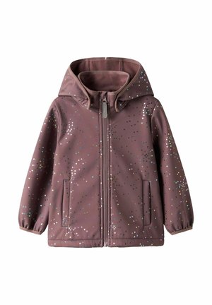 Lila gyerek kapucnis dzseki elülső cipzárral és több színű apró pöttyös mintával, két oldalzsebbel és elasztikus mandzsettával.