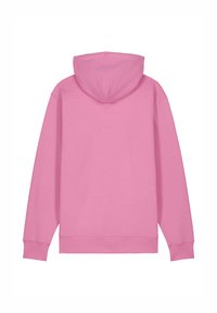 Rosa Kapuzenpullover mit Kängurutasche, gerippten Bündchen und Saum. Hergestellt aus einem weichen Baumwoll-Mix mit glatter Textur.