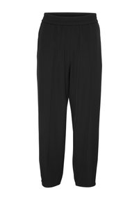 Pantalons noirs avec une taille élastique, présentant une coupe ample et des jambes fuselées. Fabriqués en un tissu lisse et léger sans motif visible.