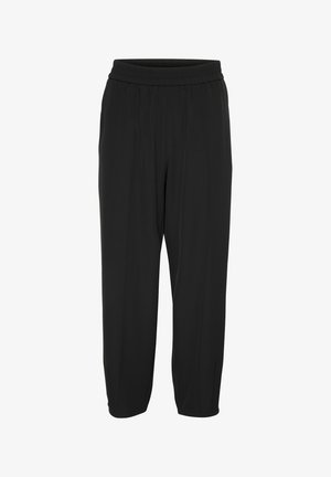 Pantalons noirs avec une taille élastique, présentant une coupe ample et des jambes fuselées. Fabriqués en un tissu lisse et léger sans motif visible.