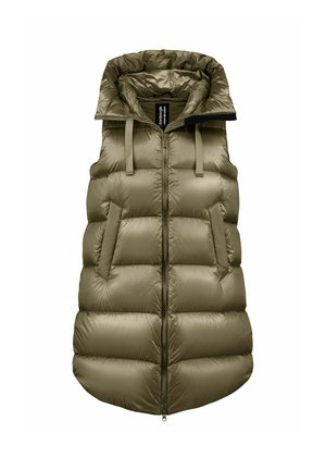 Mouwloos olijfgroene donzen bodywarmer met hoge kraag, ritssluiting aan de voorkant en twee zijzakken.