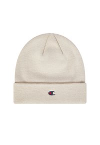 Berretto lavorato a maglia beige con risvolto. Presenta un piccolo logo ricamato in rosso, bianco e blu sulla parte frontale. Texture morbida.