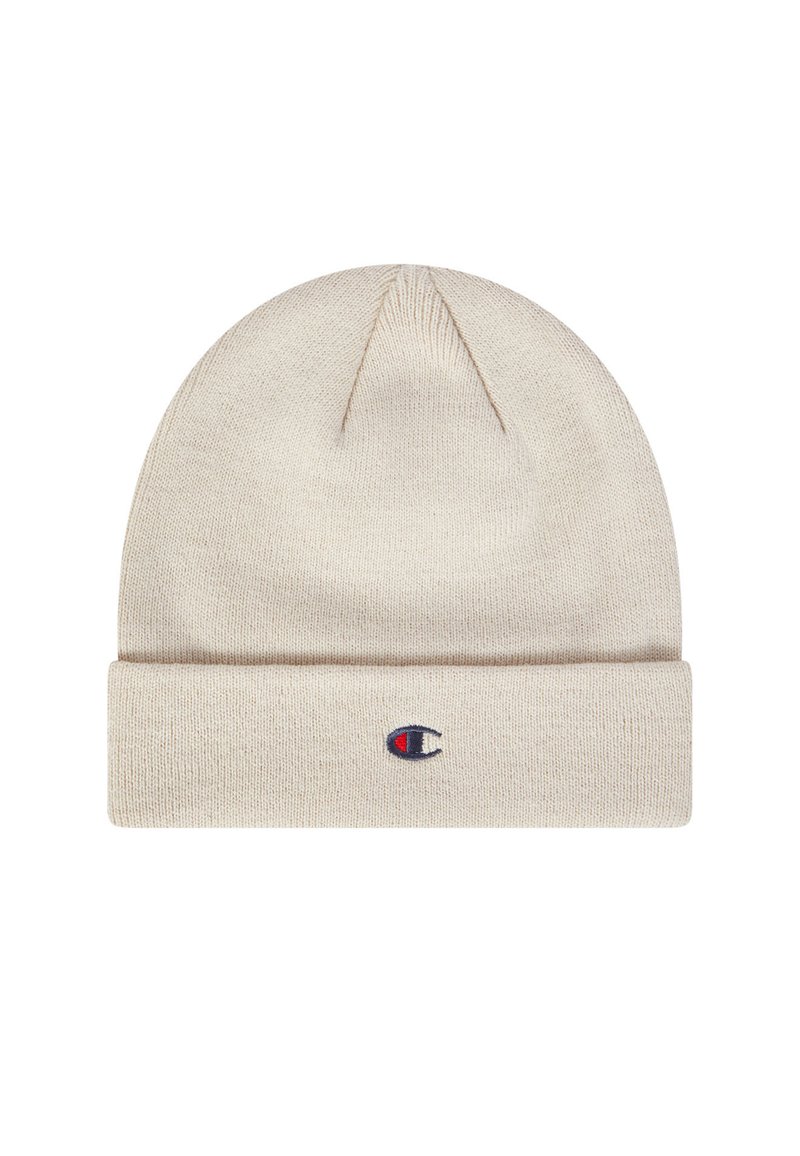 Berretto lavorato a maglia beige con risvolto. Presenta un piccolo logo ricamato in rosso, bianco e blu sulla parte frontale. Texture morbida.