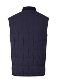 Dark navy padded vest with a high collar, quilted texture, and side mesh panel accents. Back view, no visible hardware or pockets.