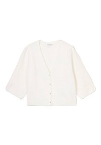 Cardigan bianco lavorato a maglia con scollo a V, maniche corte a sbuffo e sei bottoni abbinati sul davanti. Tessuto morbido e vestibilità rilassata.