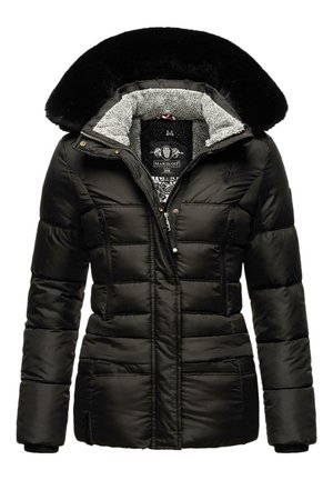 Black padded jacket with a faux fur-trimmed hood, zippered pockets, and a textured lining. Features a zip and button closure.