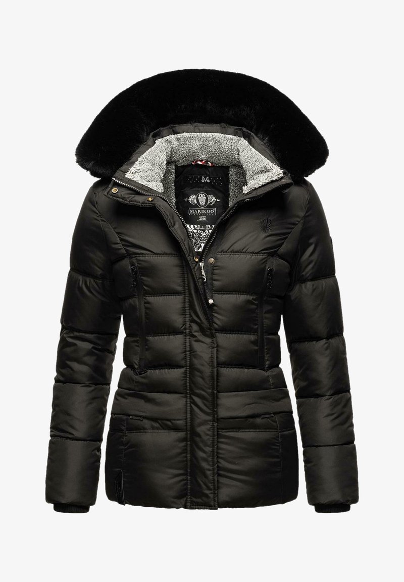 Black padded jacket with a faux fur-trimmed hood, zippered pockets, and a textured lining. Features a zip and button closure.