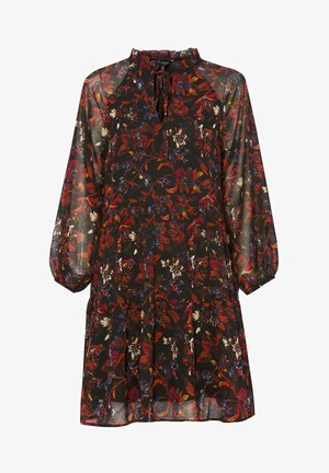 Schwarzes Blumenkleid mit langen Puffärmeln, Rüschenausschnitt und plissiertem Saum. Verfügt über ein mehrfarbiges Blumen- und Blattmuster. Halbdurchsichtiger Stoff.