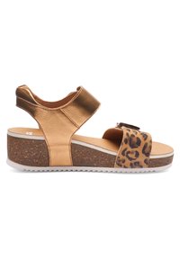 Wedge sandal with metallic bronze ankle strap and leopard print front strap on a cork sole with white rubber outsole.
