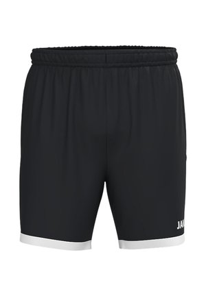Zwarte sportshorts met een elastische tailleband en witte afwerking bij de beenopeningen, frontaal weergegeven op een effen achtergrond.