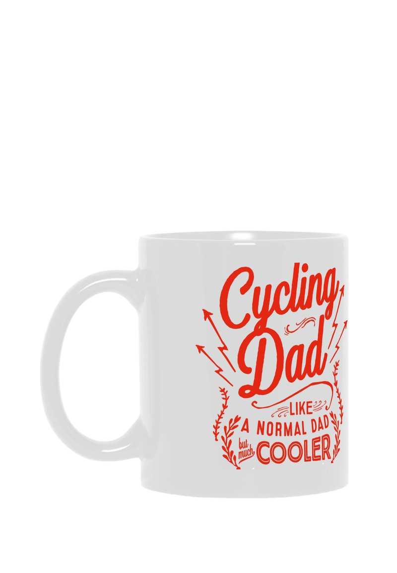 Taza de cerámica blanca con un texto rojo intenso que dice "Papá ciclista, como un padre normal, pero mucho más genial," rodeado de elementos decorativos.