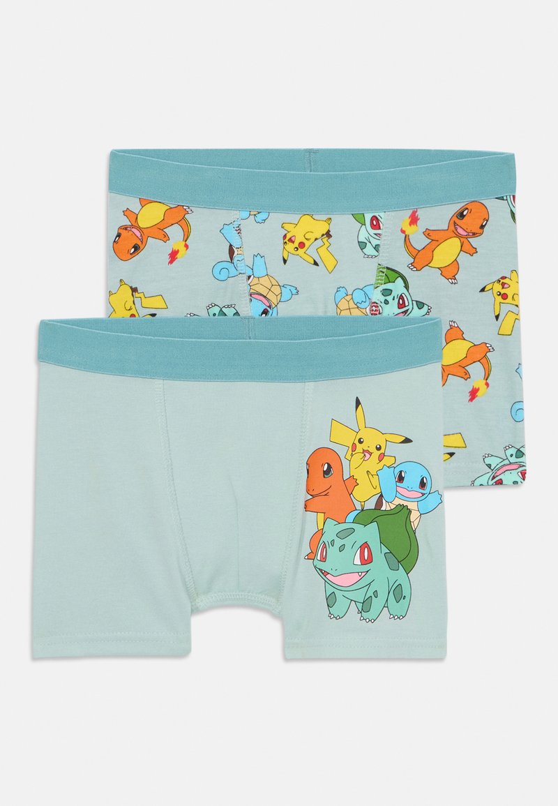 Light blue children's boxers featuring colorful cartoon Pokémon designs, with a solid waistband and playful character prints.