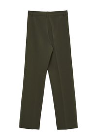Pantaloni verde oliva con design a gamba dritta, realizzati in un tessuto liscio, dotati di due tasche frontali, fronte piatto e passanti per cintura.