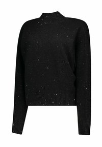 Maglione nero a maniche lunghe con colletto alto a coste, polsini e orlo, caratterizzato da una leggera lucentezza glitter sul tessuto.