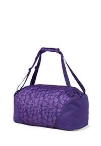 Lila Reisetasche mit gemustertem Oberflächendesign, das Smiley-Gesichter zeigt. Sie hat zwei Tragegurte und einen Reißverschluss. Glatte Textur.