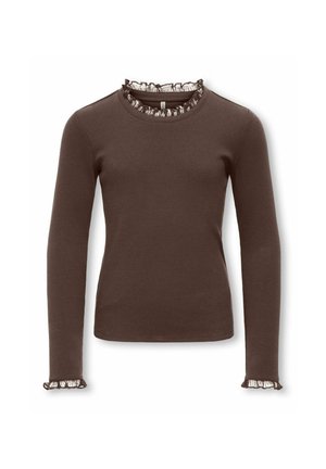 Haut côtelé à manches longues marron foncé avec bordure volantée transparente au niveau de l'encolure ronde et des poignets, silhouette ajustée.