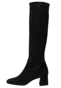 Knöchelhohe schwarze Wildlederstiefel mit quadrater Zehenform und Blockabsatz, die eine glatte Textur und ein minimalistisches Design aufweisen.